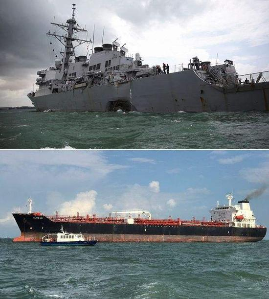 “麦凯恩”舰（上）与名为“阿尔尼克”的油轮相撞，船身严重受损。（新华/路透）