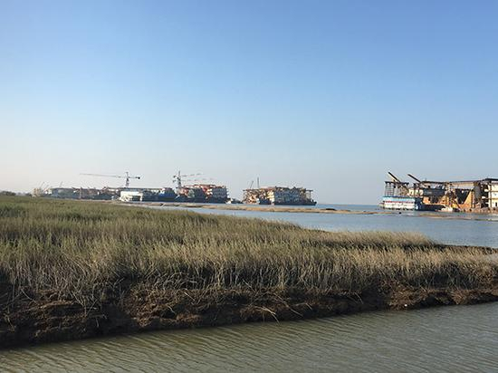 集中停靠在南套水域的挖砂船 澎湃新闻记者 刘霁 摄