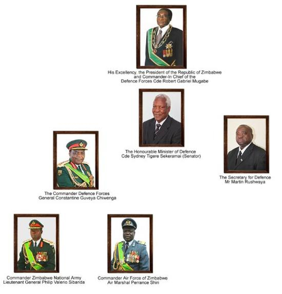 津巴布韦国防军官网上显示的领导机制，最上为总统穆加贝，第二排左一为国防军司令奇温加。