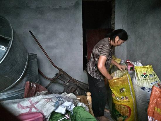 章胜子把收好的玉米放入房间。