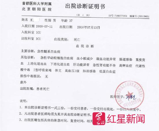 ▲王先生的出院诊断证明书 &nbsp;受访者供图