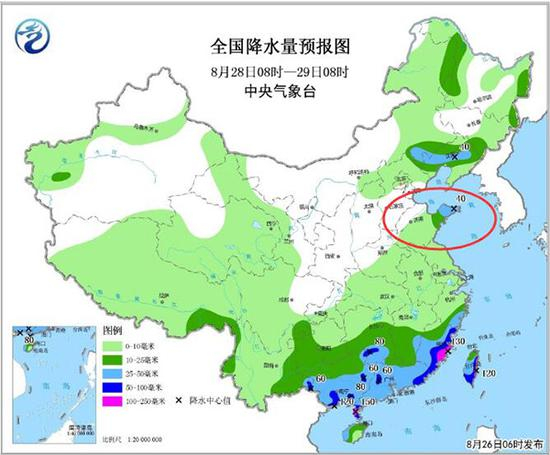 全国降水量预报图（8月28日08时-29日08时）