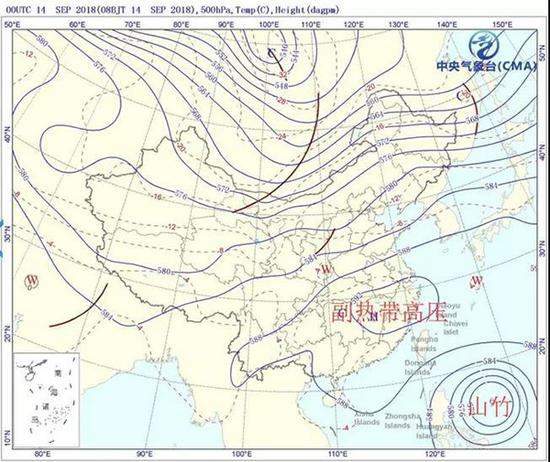 2018年9月14日14时500hPa高度场 中央气象台 图