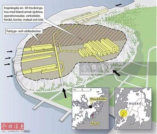 　　▲穆斯克地下海军基地的占地面积达1.5万平方米， 堪比40个瑞典王宫，图为该基地的分布示意图，可见多个地下船坞。