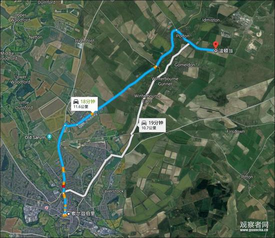 两地相距近20分钟车程 图自google