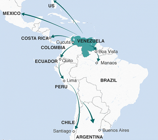 委内瑞拉人逃离路线示意图。来源：联合国难民署