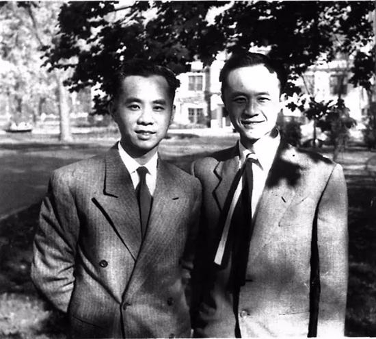 　　1956年黄仁宇（右）与其弟黄竞存的合影。当时，年届三十八岁的黄仁宇尚在密歇根大学，一边打工赚钱，一边攻读新闻系的硕士，而其弟早已获得博士学位，正执教于圣母大学。
