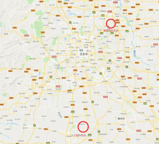 首都机场与大兴机场的位置