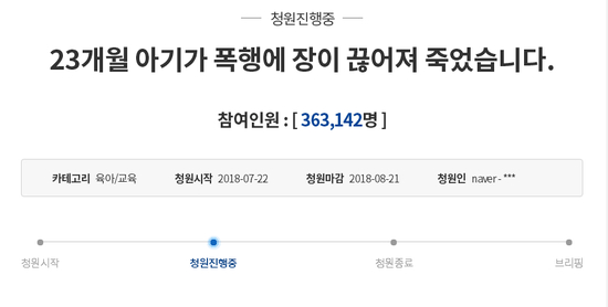 题为“23个月大的孩子遭殴打，肠子断裂而死”的请愿