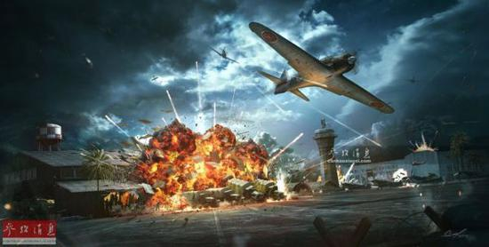 图为艺术家用CG还原的偷袭珍珠港期间，美军机场遭日机轰炸的场面。