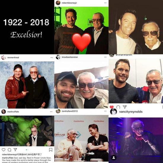 参演过漫威电影的明星悼念斯坦·李的Instagram截图
