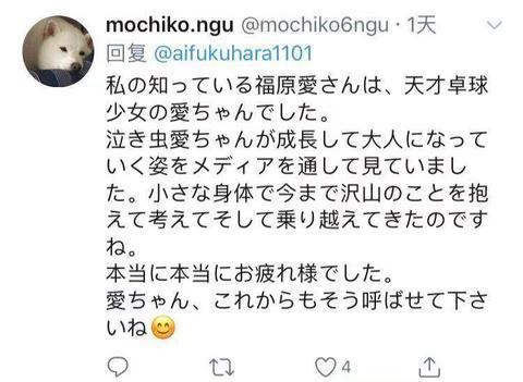 日本网友表示一路看着“小哭包”福原爱长大（图源：推特留言截图）