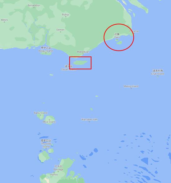 达鲁岛（红圈）位于托雷斯海峡北部，距离最近的澳大利亚领土赛巴伊岛（红框）仅50公里