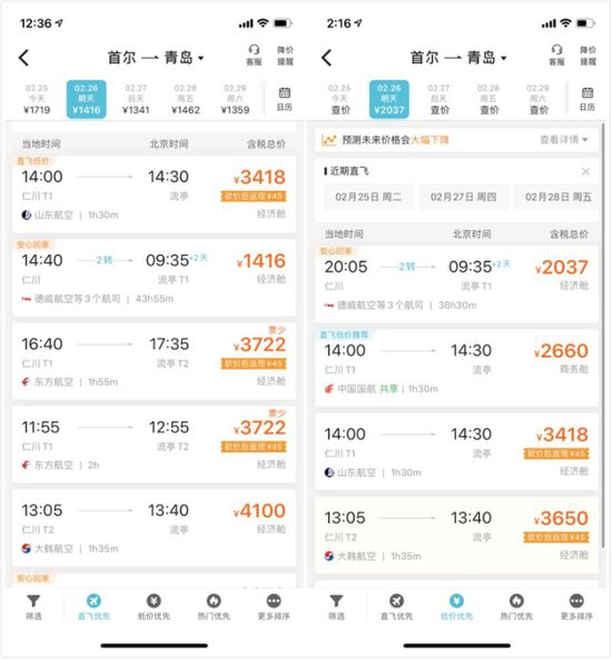 （随着恐慌情绪的缓解，2月25日下午，不少航班的价格在向下调整。）