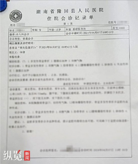 网传湖南省邵阳市隆回县城西中学跳楼学生的住院会诊记录单(来源/网络