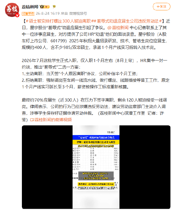 星宇股份讓碩士應屆生打螺絲逼迫離職引起爭議 HR“勸退”錄音曝光