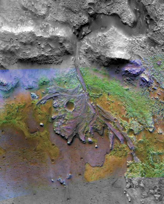 图：曾是河流三角洲的“火星2020”着陆地点耶泽洛陨石坑仍留有清晰河道/法新社