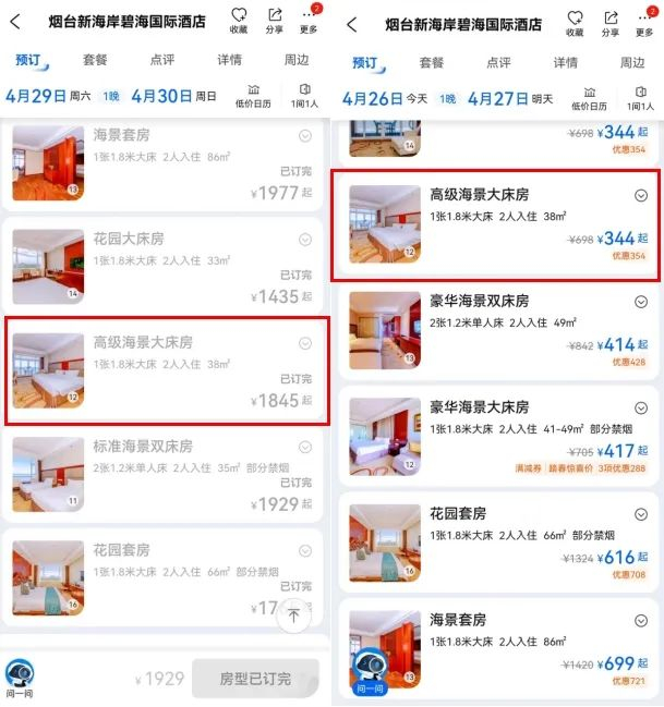 ▲烟台新海岸碧海国际酒店4月29日、26日价格对比&nbsp;截图来源：携程