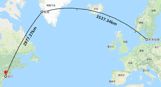 努克离哥本哈根比离纽约还远&nbsp; 谷歌地图截图