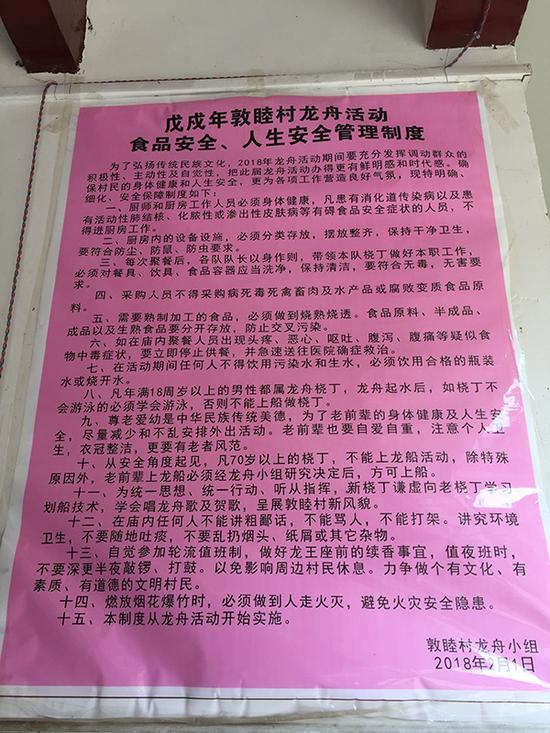敦睦村于今年2月出台的龙舟活动管理制度。