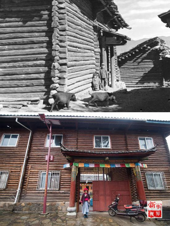 　　↑上图为：1980年拍摄的宁蒗永宁乡摩梭人居住的木楞房（资料照片）；下图为：2018年7月31日拍摄的宁蒗永宁乡落水村71岁的摩梭老人次里拉姆在新居前（新华社记者蔺以光摄）。