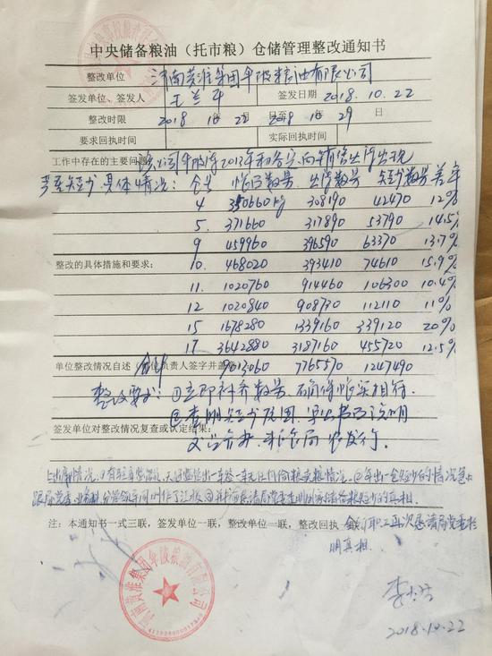 图为中储粮针对伞陂粮油该批稻谷短少问题给出的《整改通知书》。 新京报记者 韩茹雪 摄