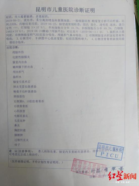 ↑昆明市儿童医院诊断证明，孩子多处受伤或感染