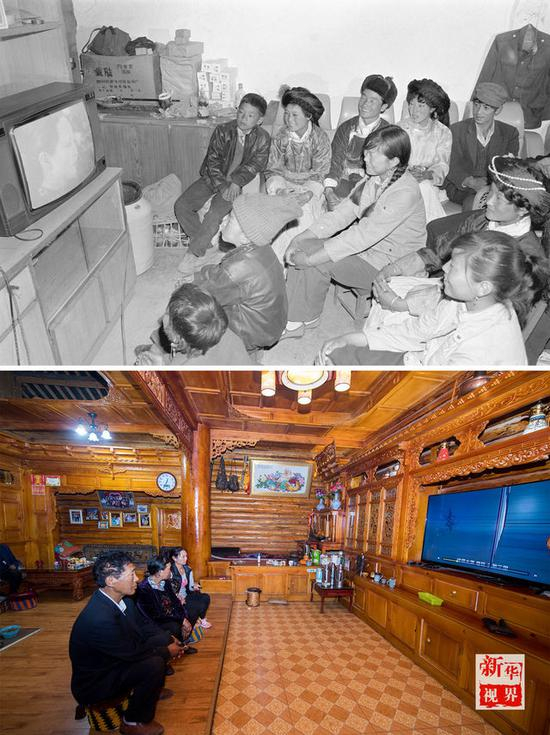 　　↑上图为：1991年，宁蒗永宁乡摩梭群众在看电视（资料照片）；下图为：2018年7月30日，宁蒗永宁乡落水村摩梭群众戈瓦平措（左一）一家在看液晶电视（新华社记者胡超摄）。