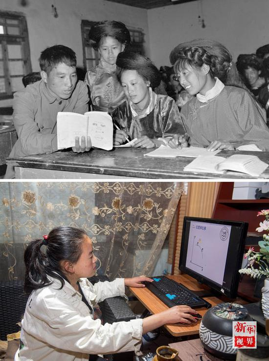 　　↑上图为：1980年，宁蒗彝族自治县第二中学教师在永宁乡辅导摩梭学生学习数学（资料照片）；下图为：2018年7月31日，宁蒗永宁乡落水村的16岁摩梭女孩周仙云在家里用电脑学数学（新华社记者胡超摄）。