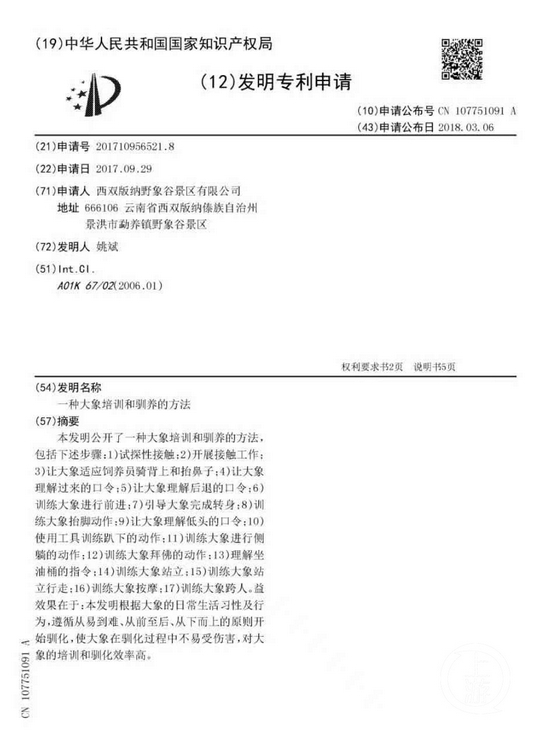 　　▲野象谷景区曾于2017年申请专利《一种大象培训和驯养的办法》，说明中并没有避讳使用工具训练大象。图片来源/国家知识产权局