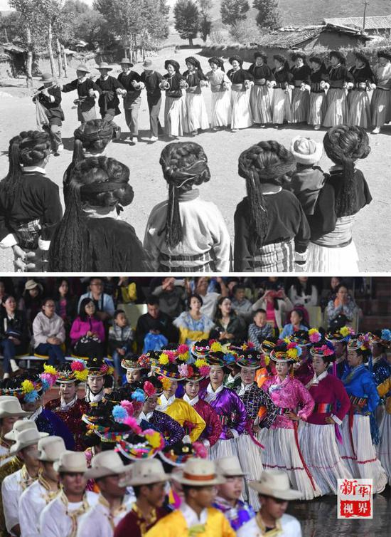 　　↑上图为：1980年，宁蒗永宁乡的摩梭群众在跳甲搓舞（也叫打跳）庆祝丰收（资料照片）；下图为：2018年7月30日，宁蒗永宁乡落水村摩梭群众为游客表演甲搓舞（新华社记者蔺以光摄）。