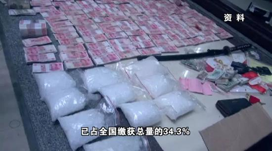 警方收缴的毒资和毒品。