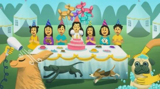 以漫画表现的狗狗主题豪华生日派对，成为中产迅速增加的印尼的生动写照。（英国广播公司网站）