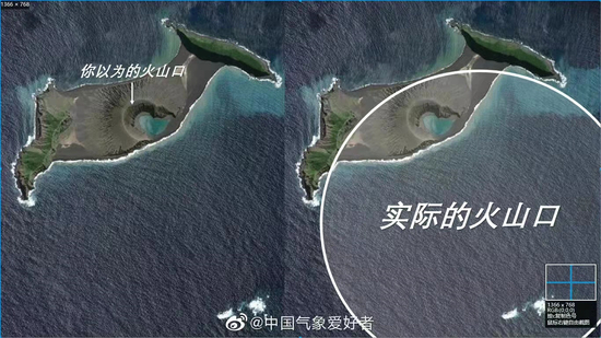 　　↑据介绍，隐藏在海平面之下的是一座高约1800米，宽20公里的巨型海底火山。图据“中国气象爱好者”