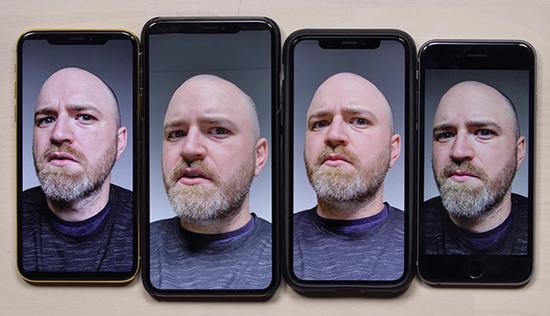 　　Hilsenteger的自拍效果对比图，从左至右的iPhone型号分别是iPhone X、iPhone XS Max、iPhone XS、iPhone 6