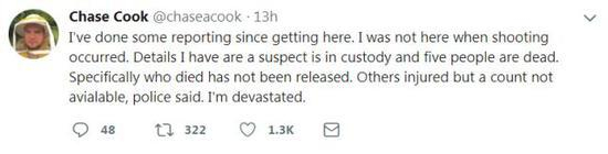 　　▲来到现场之后，我已经做了一些报道，目前我所知道的情况，据警方透露，一名嫌疑人已被逮捕，五人死亡，死者身份尚未确定。我快要崩溃了。