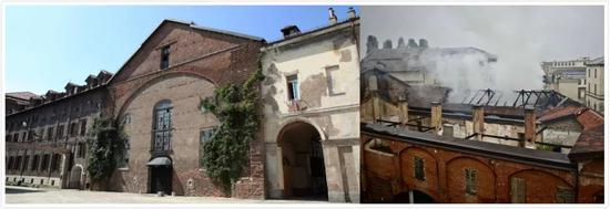 △ 中心皇家马厩与马术学院着火前后对比图 | 图片来源：网络