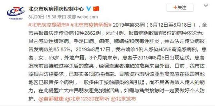北京市确诊一例人感染H5N6禽流感病例