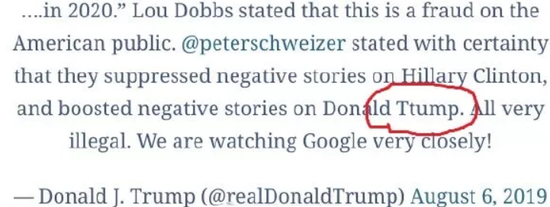  特朗普8月6日推文把自己姓氏拼错&nbsp;