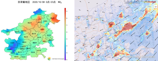 　　△10月8日京津冀及周边地区地面NO2浓度（左）和对流层NO2柱浓度（右）分布（数据来源：中国环境监测总站、中国科学技术大学）