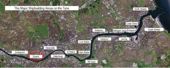 泰恩河下游曾经船厂云集，图中标注处就是埃尔斯维克船厂