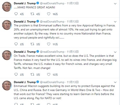 （11月13日，特朗普连发4条推特，抨击马克龙的“欧洲军”构想及其他政策。）