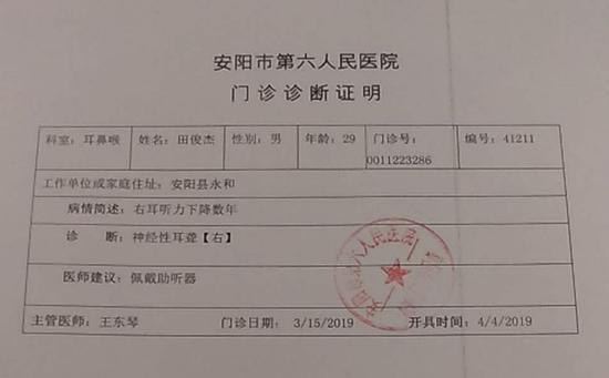 安阳市第六人民医院4月4日开具的诊断证明。 受访者 供图