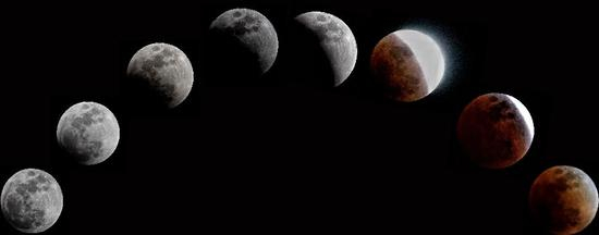 ▲ 1月31日北京拍摄的月全食从“初亏”到“食既”的过程（拼版照片）。 图/新华社