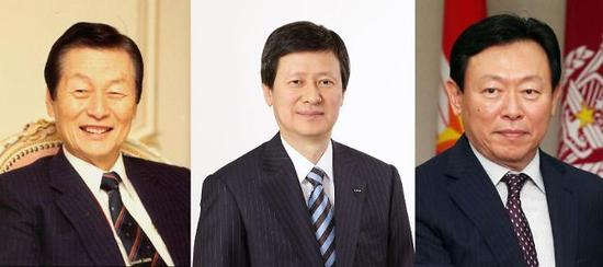 　　左起为乐天集团会长辛格浩、日本乐天前任副会长辛东主、韩国乐天集团会长辛东彬。（图片来源：《亚洲经济》）