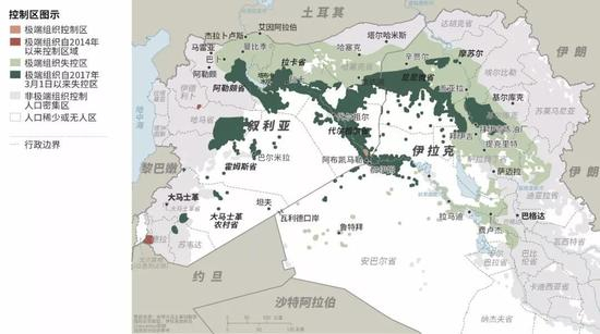 △示意图：2017年极端组织在叙利亚和伊拉克势力范围变化（点击看大图）