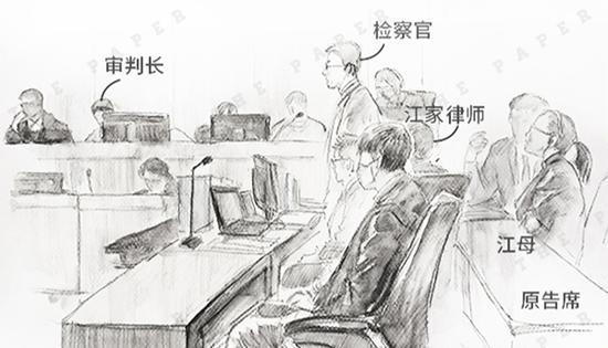 庭审现场手绘&nbsp;&nbsp;澎湃新闻记者 李媛 图案发始末