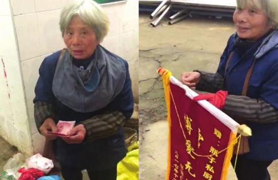 　　2017年12月30日，湘潭板塘农贸市场，陈亚平将300元现金交到老人手上。次日，老人特意给陈亚平送来一面锦旗。视频截图