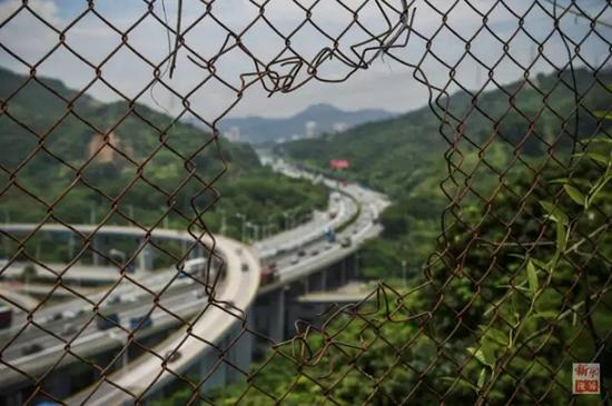 　　透过深圳“二线”铁丝网拍摄的南坪快速路和福龙路（2015年7月17日摄），如今铁丝网内外的发展几乎无异。