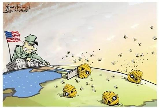 　　▲[马蜂窝]美国军人把马蜂窝逐个地安放到叙利亚。美国国防部近日承认，目前在叙利亚的美军至少有2000人，是此前宣布的500人的四倍。（俄罗斯卫星通讯社网站）